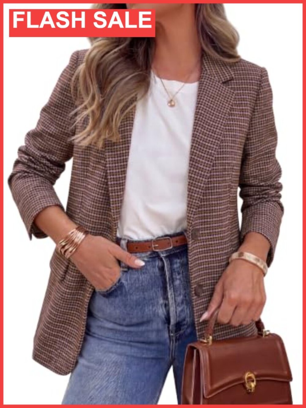 Women's Plaid Houndstooth Blazer Business Casual Long Sleeve Button Front Jacket